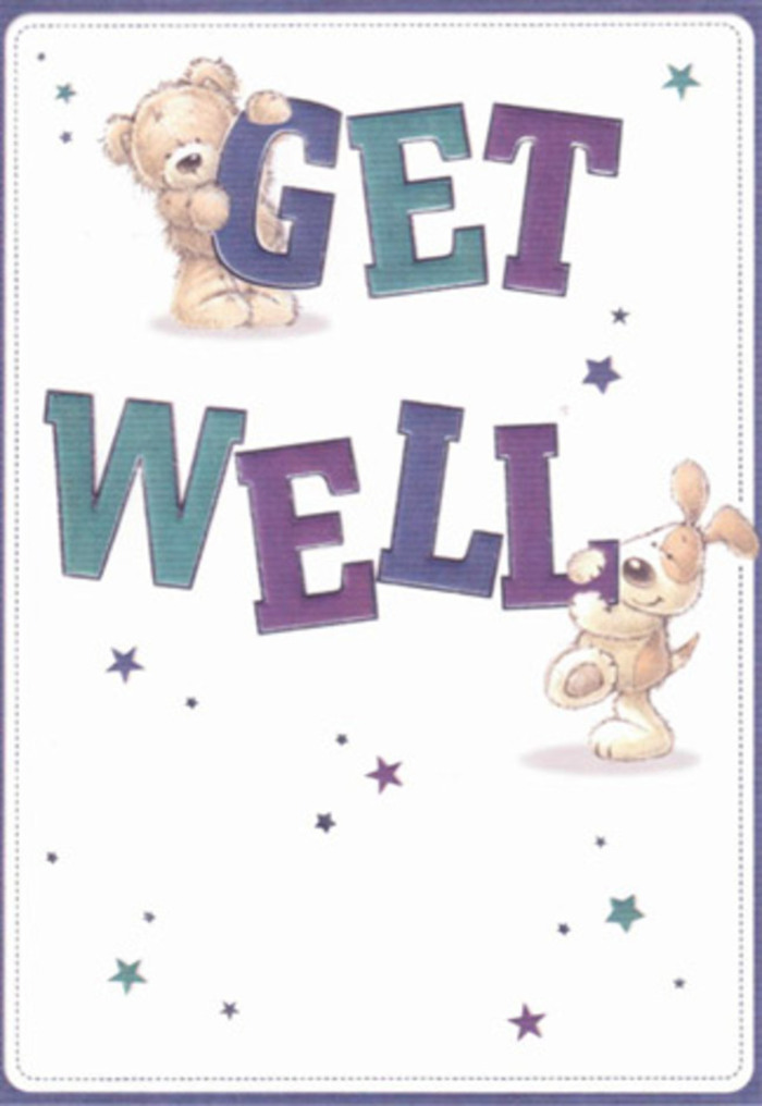 An atmosphere of gentle encouragement and affectionate optimism beautifully defines this illustrated get well card. Two endearing friends-a plush bear and an eager, floppy-eared puppy-join forces to deliver well wishes, their expressive faces brimming with warmth and camaraderie. Twinkling stars, painted in gradients of purple, aqua, and blue, surround them, as if carrying whispered hopes through the light, airy streets of Gidea Park. The lettering is delightfully bold, rendered in layered hues of amethyst and teal, their curving forms giving the impression of cheerful resilience. Touches of texture in the characters' fur evoke the softness you'd find in a freshly picked bloom or the embrace of a loved one. There is a sense of comfort akin to sending a vibrant arrangement from Flowers Gidea Park-each element placed with deliberate care, tailored to lighten the heart. The pure, creamy white background brings clarity and brightness, like the first daylight streaming through a window on a peaceful morning by Romford Golf Course. The scene captures that rare blend of hopefulness and sincerity, making it an ideal gesture of care for someone recovering in the local area.