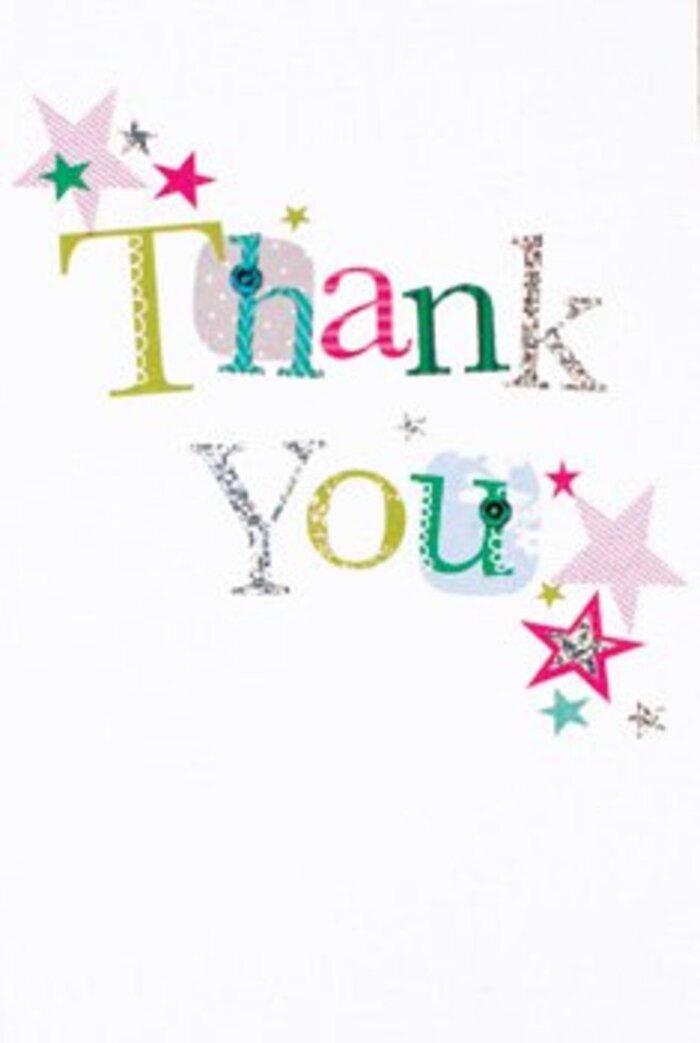 The arrangement of letters on this thank you card gives off an exuberant yet sophisticated presence, reminiscent of flower displays crafted for special occasions throughout Gidea Park. Each letter is uniquely adorned-some filled with playful dots, others showcasing gentle curves or delicate stitches-inviting a closer look much like the natural variety in a summer bouquet. Vivid stars in sparkling pink, deep turquoise, and metallic silver cluster near the sentiment, as if bestowing a celebratory blessing reminiscent of festivities at Raphael Park or gatherings on Main Road. The composition is airy and modern, with a sprinkling of stardust that seems to animate the card against its pure white canvas. Balanced between casual charm and polished elegance, the design makes the expression of gratitude both uplifting and warmly universal. One can picture this elegant card resting beside a fresh arrangement from Flowers Gidea Park, the pairing echoing the spirited yet refined character of our local community, and extending thanks with both contemporary flair and heartfelt sincerity.