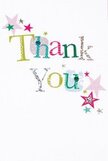 There's a gentle, uplifting energy about this thank you card, as though each colour and detail was chosen to share a little joy with someone in Gidea Park. The phrase 'Thank You' is written in playful, multicoloured letters-emerald green, fuchsia pink, sky blue, and hints of silver-each textured with either tiny dots or soft stitches, suggesting a caring, handcrafted touch you'd find at a cherished local florist. Scattered stars in soft pinks, aquatic teals, and shining silvers orbit around the words, adding an air of celebration much like the community spirit at Gidea Park's local fairs. The clean, white background offers an open, airy feeling, letting all the cheerful hues glow. With its lighthearted composition and handcrafted details, this card evokes the comfort of receiving a sincere thank you after a gesture of kindness-its mood as genuine as the fresh bouquets delivered daily around the Gidea Park neighbourhood. Watching the stars and letters dance across the card, one can practically sense the gratitude shimmering off the page, wrapping the recipient in warmth and appreciation unique to our welcoming area.